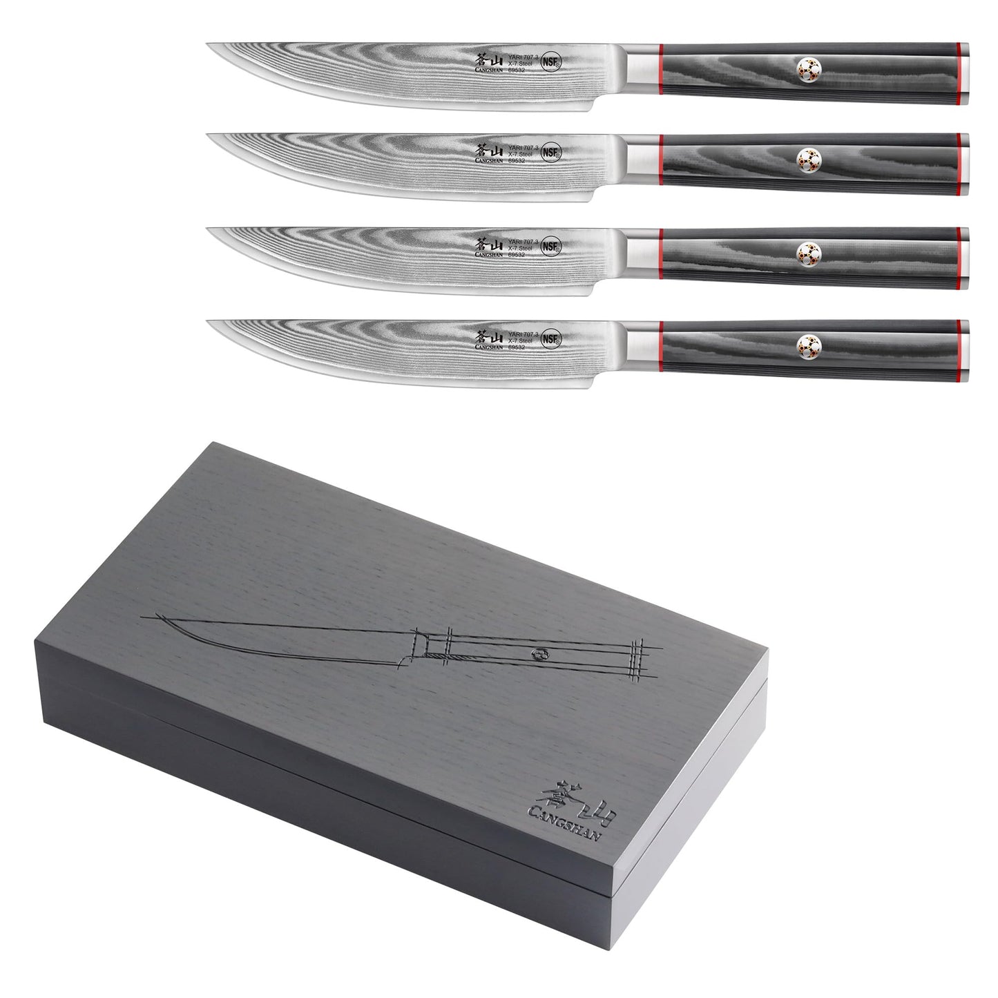 Cangshan YARI Series 4-Piece Fine Edge Steak Knife Set with Ash Wood Box, X-7 Damascus Steel