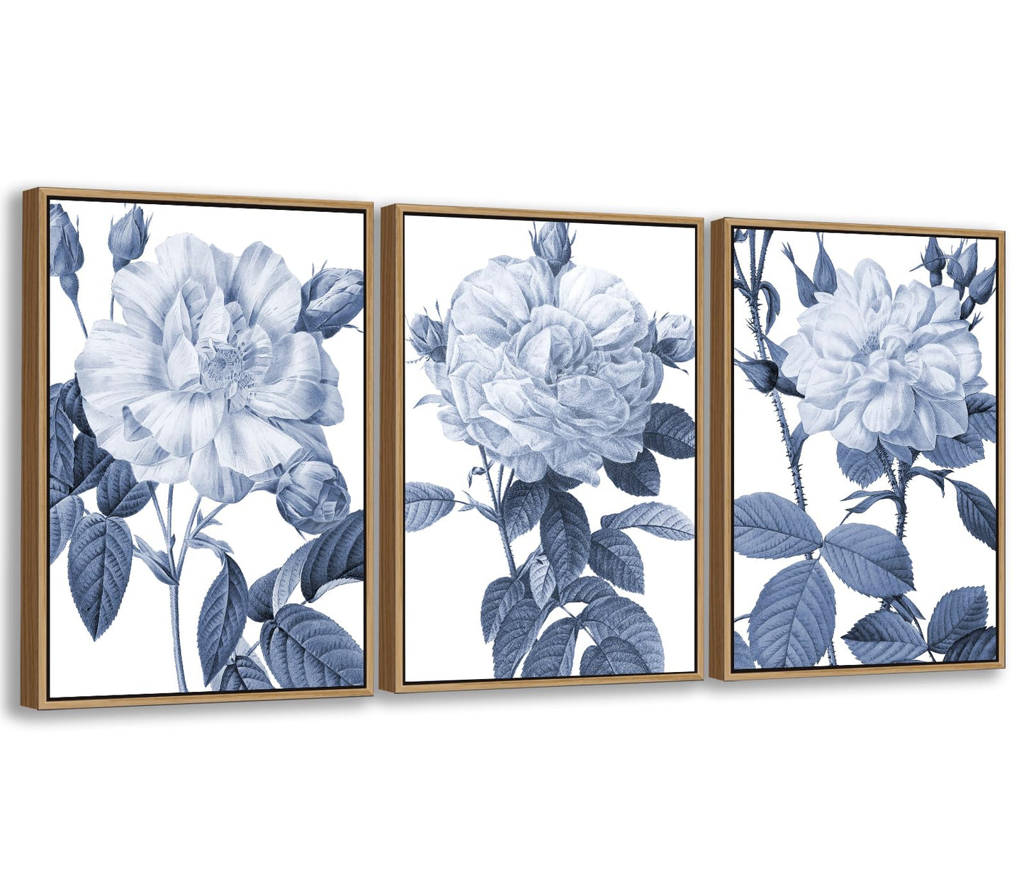 Large Framed Canvas Wall Art - Natural Float Framed Blue Gray Flowers Pictures Decor Rustic Blossom Leaves Botanical Artwork for Living Room Bedroom Kitchen Home Office Decoration 60" X 28" Set of 3