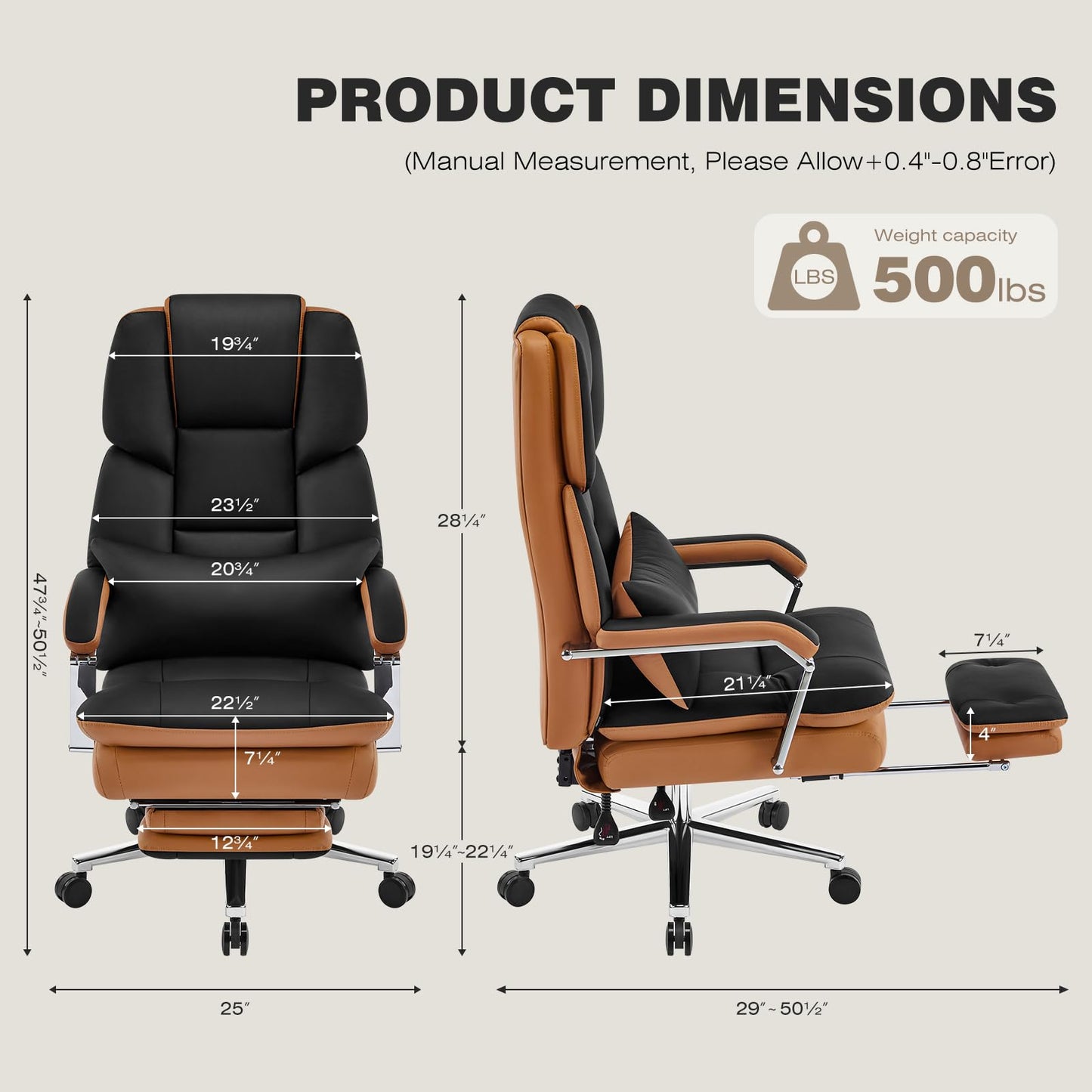 Furniliving Big and Tall Office Chair 500lbs,High Back Executive Leather Office Chair with Footrest,Wide Seat Reclining Desk Chair with Lumbar Support, Armrest, Black