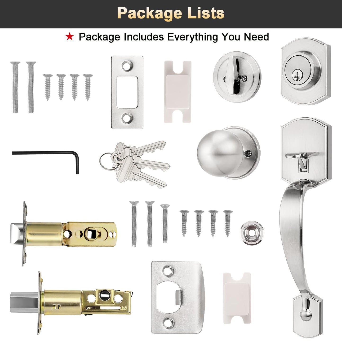Brotima Front Door Handle and Deadbolt Set, Satin Nickel Front Door Lock Set with Reversible Knob Handle, Modern Exterior Door Handleset with Single Cylinder Deadbolt,1 Pack