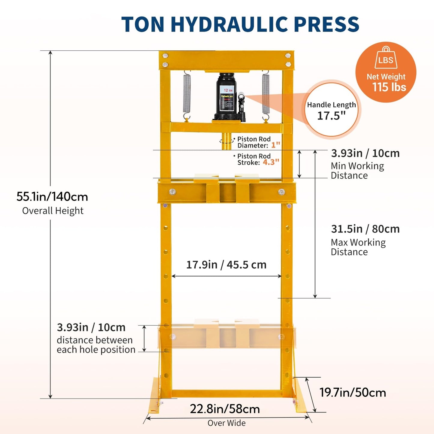 20 Ton Hydraulic Shop Press, Heavy Duty H-Frame Floor Bearing Press with Steel Plates & Adjustable Bed, for Garage Bending, Bearing, U-Joint, Metalworking (Yellow)