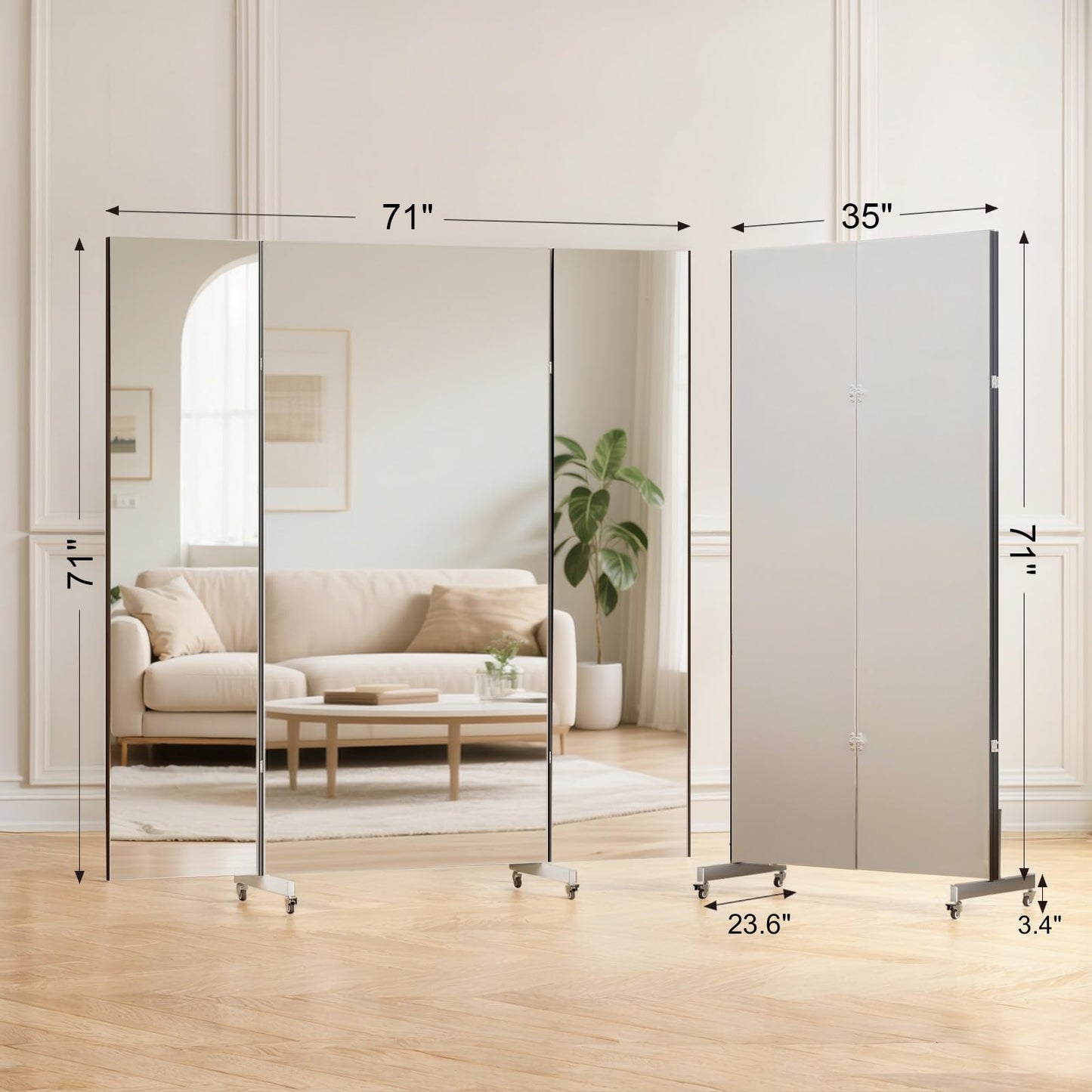 brisafe NanoMirror Non-Glass Ultra-Light Foldable Home Gym on Wheels, 71"x71" Extra Large Full Body Unbreakable Shatterproof Mirror, 360° Swivel for Yoga, Dance, Fitness Studio & Home Gym, White