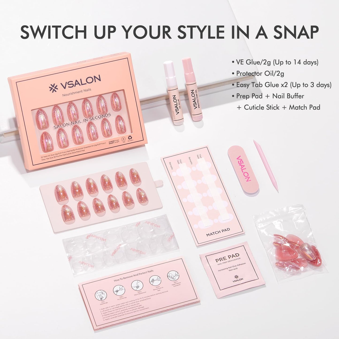 VSALON Press on Nails Short Almond - Pink Cat Eye Pastel Glitter Holographic Summer Fake Nails Kit, Reusable Opaque Gel Chrome Glue on Nails with Glue & Cuticle Oil - 32PCS in 16 Sizes