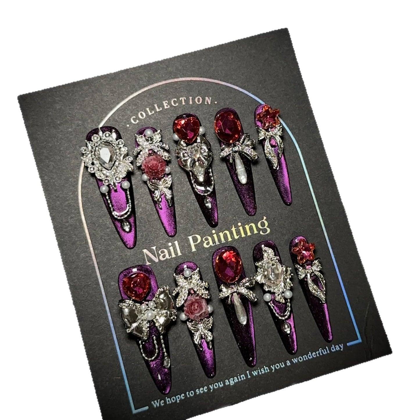 GLORS Luxury Long Press-On Nails, Purple Glitter Stiletto with Rhinestones, Handmade False Nails, 10 Pieces (Medium, LS)