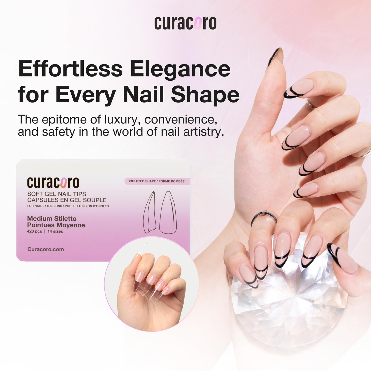 Curacoro Sculpted Medium Stiletto Gel Nail Tips 420Pcs, Clear Full Cover Soft Acrylic Tips 14 Sizes, Easy to Use, Long-Lasting, Glossy Finish