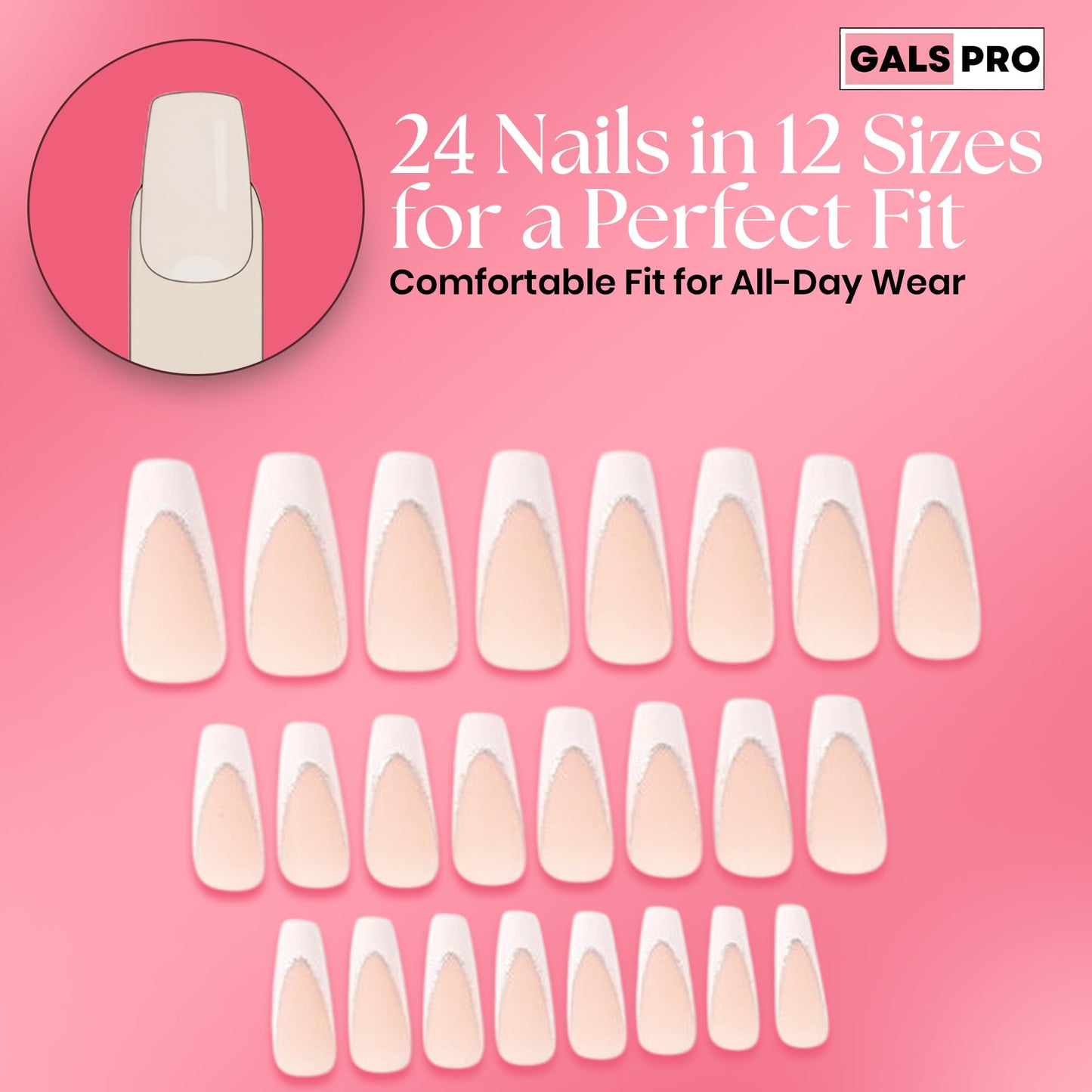 GALSPRO Long Press on Nails - Set of 24 Fake Nails with Designs in 12 Different Sizes for Perfect Fit, Cute False Nails Kit for Women with 0.07oz Nail Glue, A Double Sided Nail File & Cuticle Stick