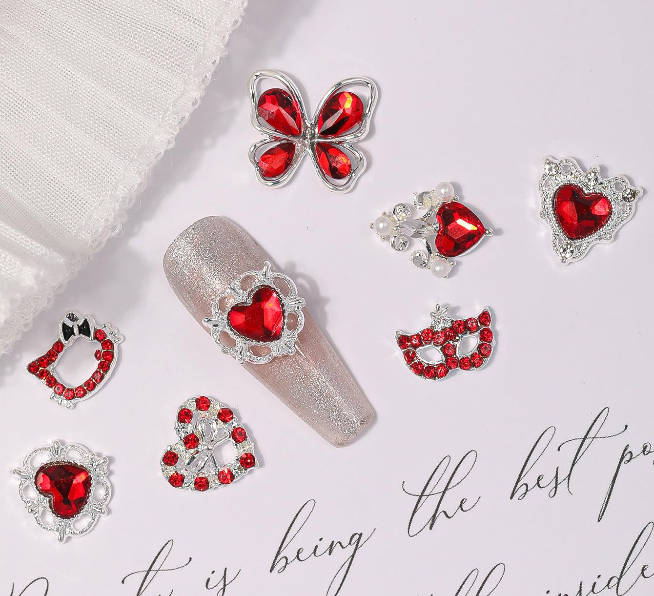 COOSLIM 60 Pcs Heart Nail Charms, Rhinestone Red Butterflies Nail Art Gems, Star Heart Butterfly Charms Decorations Sailor Moon Acrylic Nail Accessories for Women DIY Crafts 2