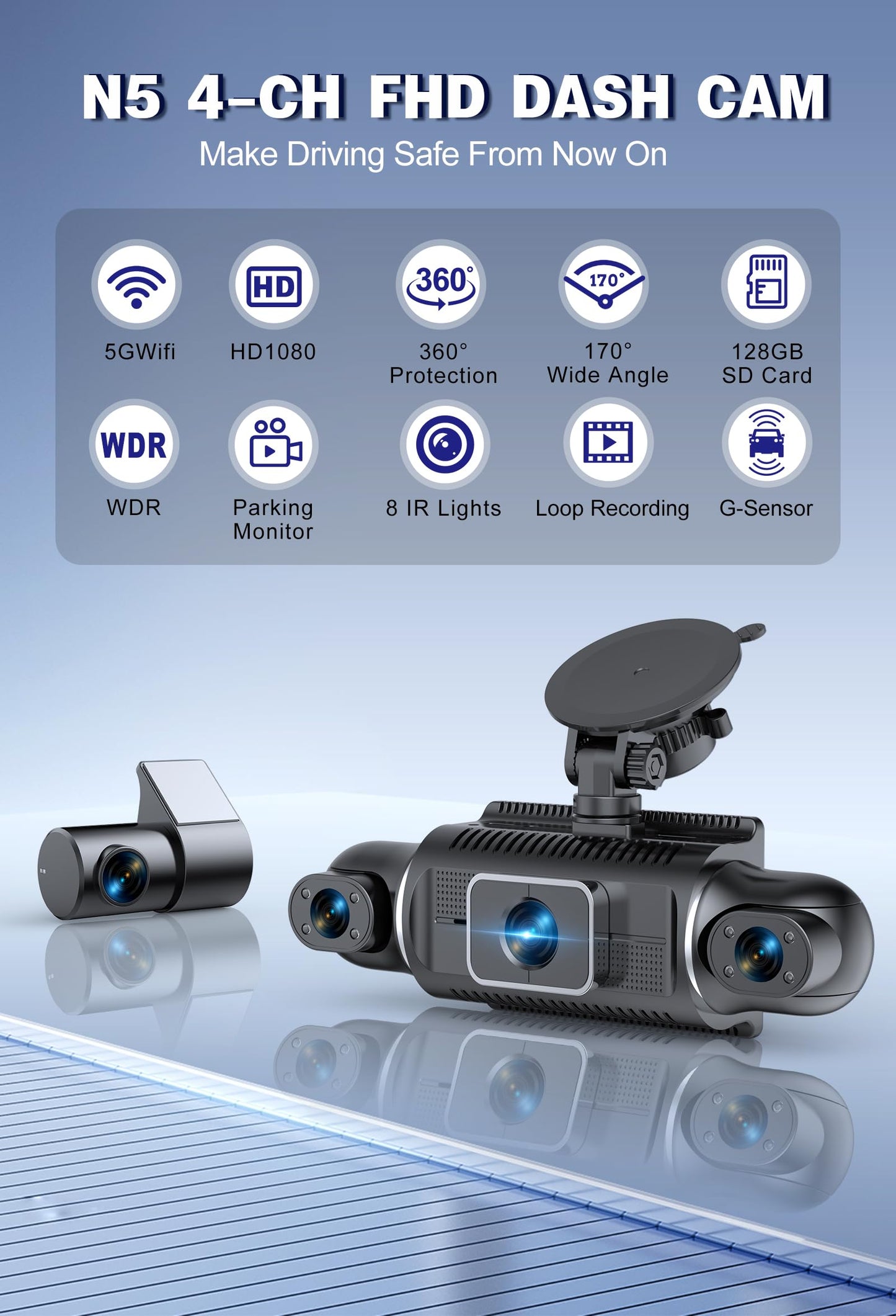 360° Dash Cam Front and Rear View 4 Channel Dash Camera FHD 2K+1080Px3 for Car, Inside/Back 170°+2x150°+170° Wide Angle, 8 IR Lamps Night Vision,WiFi,GPS, APP,G-Sensor with 64GB Card,24/7 Parking Mode