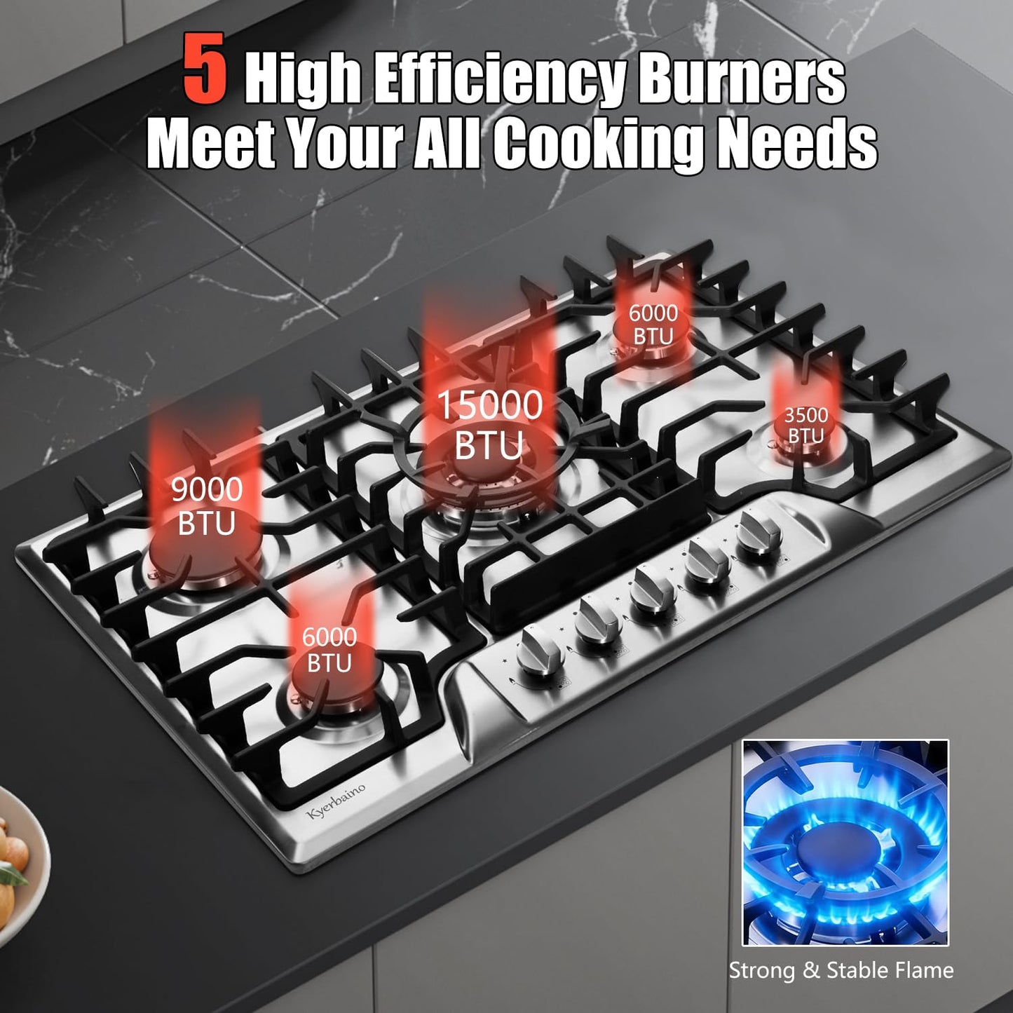 Kyerbaino Gas Cooktop 30 Inch, Built-in 5 Burners Gas Stovetop Stainless Steel LPG/NG Convertible Gas Stove Dual Fuel Sealed Gas Cooktop