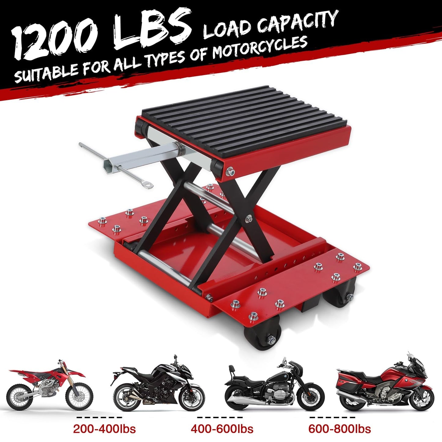 1200 LBS Motorcycle Lift Jack, 4.7"-15.4" Adjustable ATV Scissor Jack Table with Wheels & Hand Crank, Heavy Duty Center Hoist Stand for Cruiser, Dirt Bikes, Touring Motorcycles