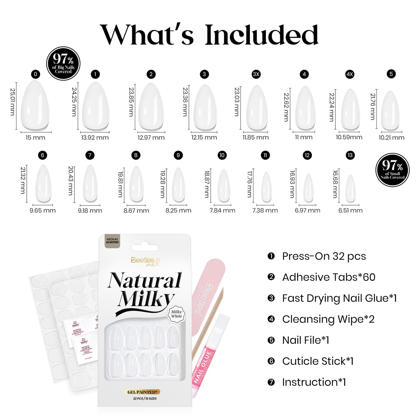 Beetles Natural Milky White Medium Almond Press On Nails - White Almond Press On Nails Soft Nail Gel with Nail Glue Adhesive Tabs Nail File Cleaning Wipe Cuticle Stick, 16 Sizes 32pcs