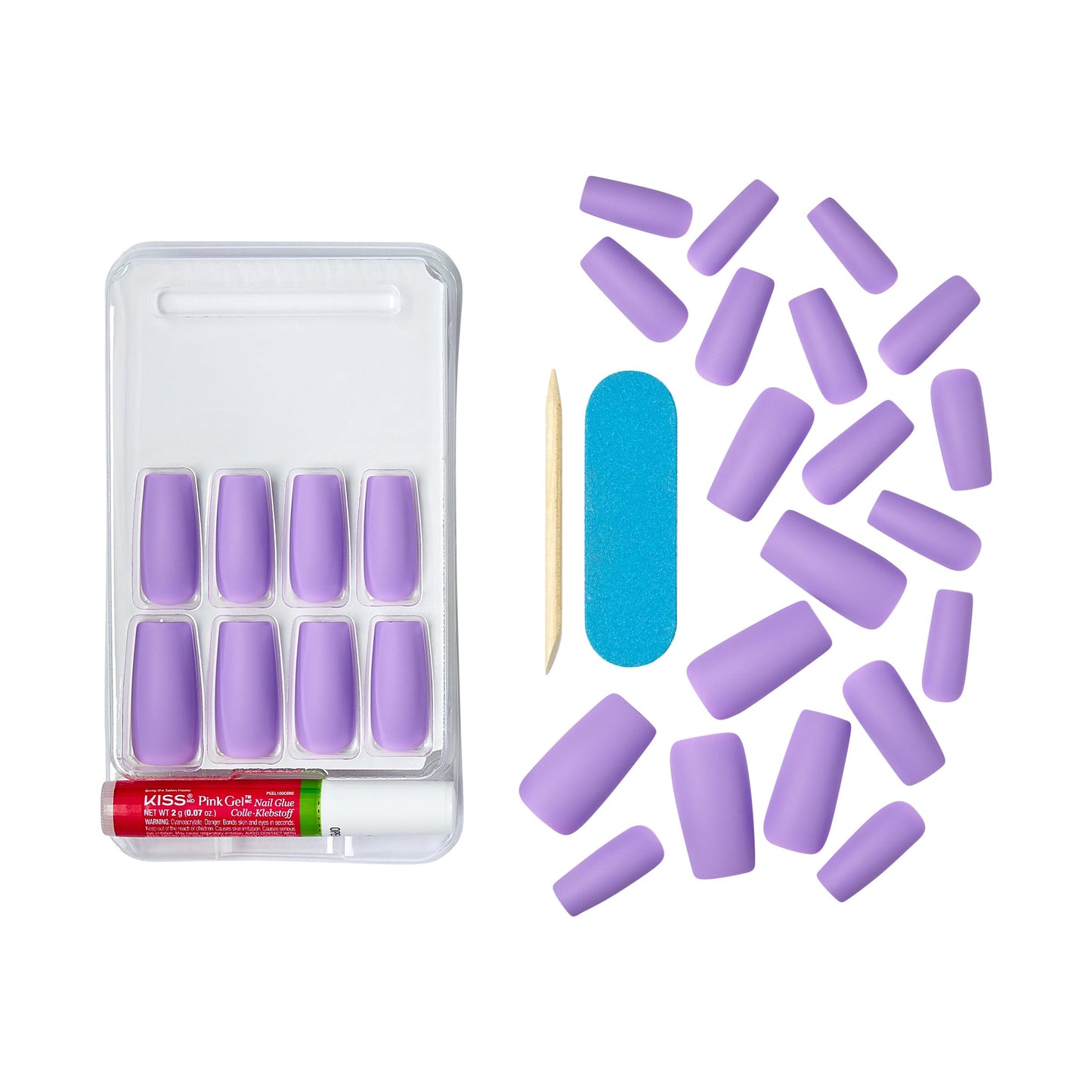 KISS Gel Fantasy Press On Nails, Save', Purple, Long Size, Square Shape, Includes 28 Fake Nails, 2g Pink Gel Nail Glue, 1 Manicure Stick, 1 Mini File (Pack of 2)