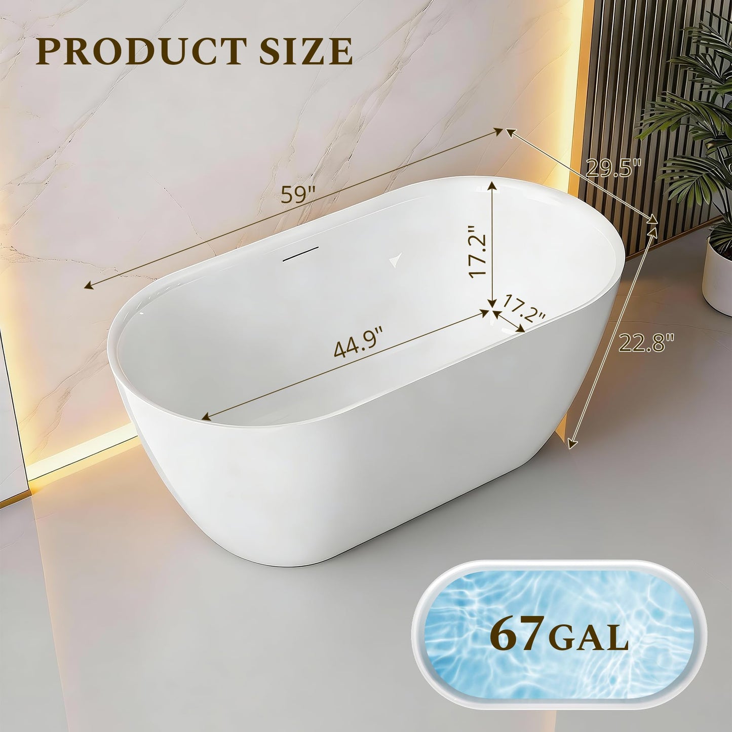 59" Freestanding Bathtub, Modern Oval Acrylic Soaking Tub with Overflow & Pop-up Device Function, cUPC Certified Deep Standalone Tub, Double-Walled Insulation, White