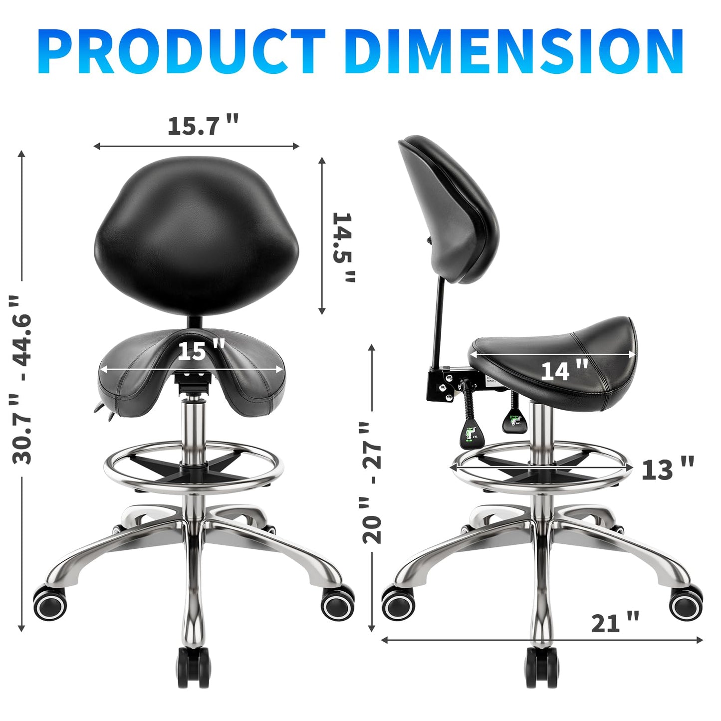 Saddle Chair with Back Support - Adjustable Height with Foot Rest,350 LBS Capacity Ergonomic,360° Swivel Drafting Chair for Salon,Spa,Massage,Tattoo,Facial lash,Home, Dentist Clinic (Black)