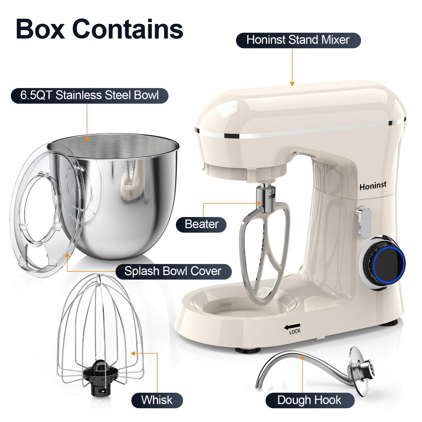 Honinst Stand Mixer, 6.5QT 10-Speed Tilt-Head Electric Stand Mixer, 3-In-1 Kitchen Mixer with Bowl, Dough Hook, Whisk and Beater, Food Mixer for Baking, Cake and Most Home Cooks, Beige