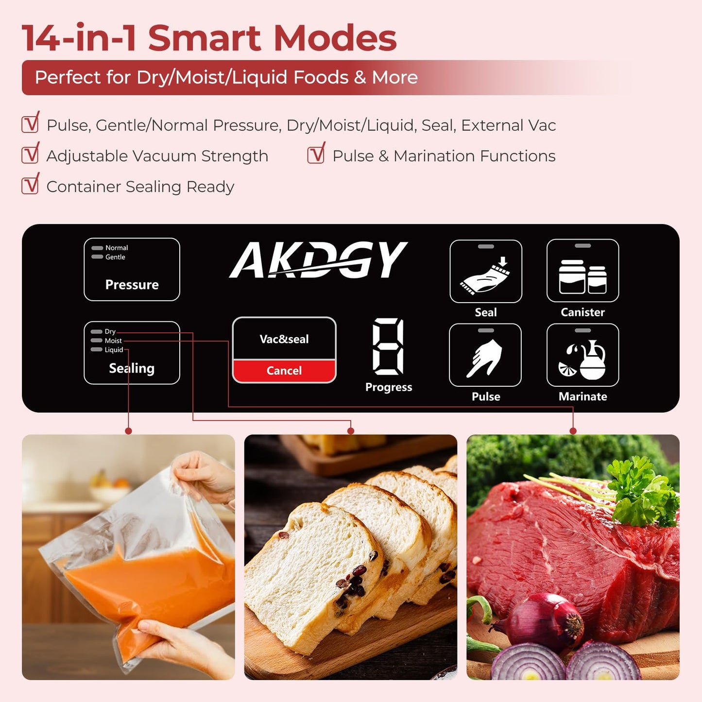 95Kpa Vacuum Sealer Machine๏ผUpgraded Commercial Food Vacuum Sealer, 14-in-1 Functions & Double Heat Seal, Stainless Steel, Large Icons,130W Dual Pumps(25L/Min Suction), Widened Easy-Lock Handle