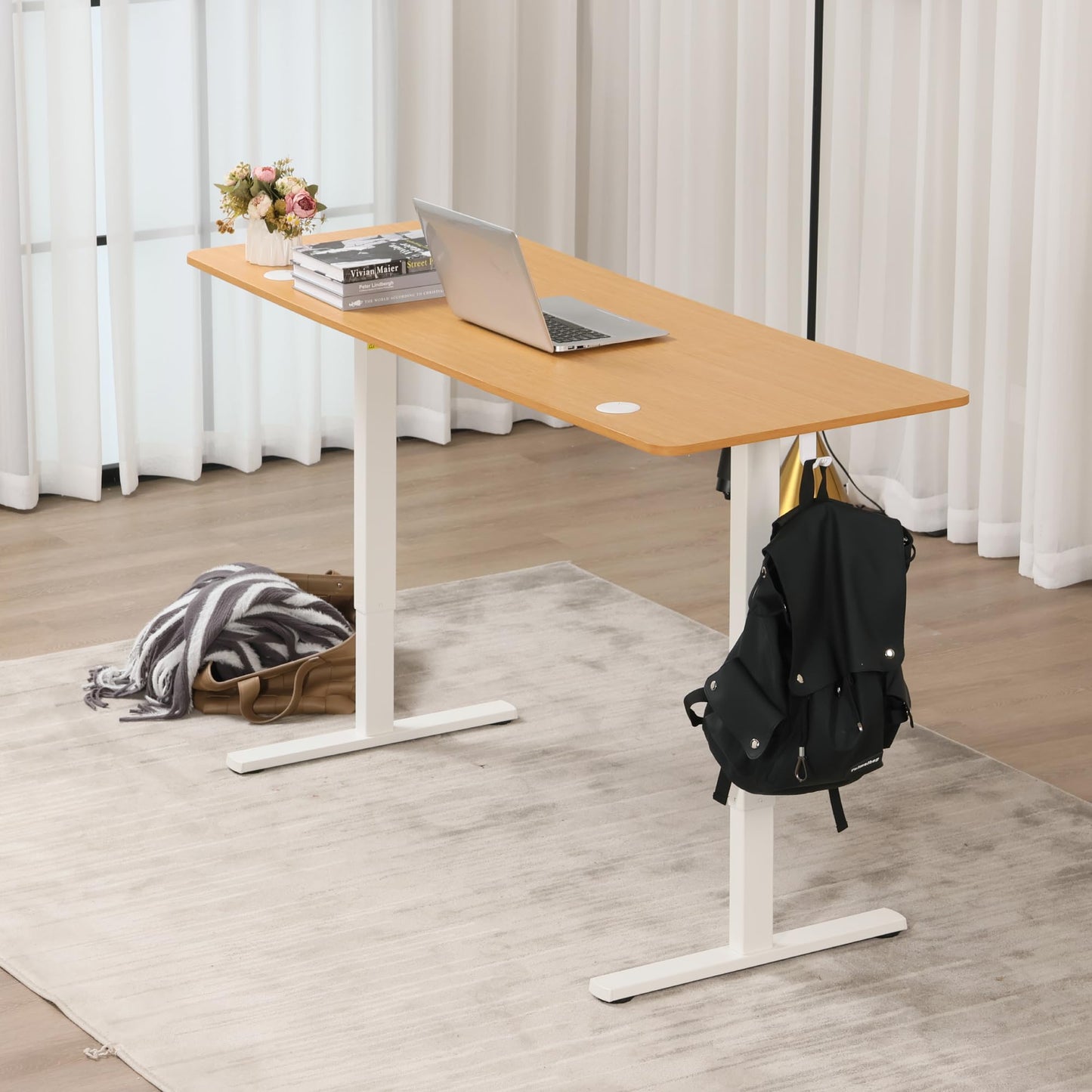 Hexago 63 x 24 Inch Electric Standing Desk, Adjustable Sit Stand Desk with Splice Board, 3 Memory Presets, Dual Hooks, T-Leg Frame – Oak