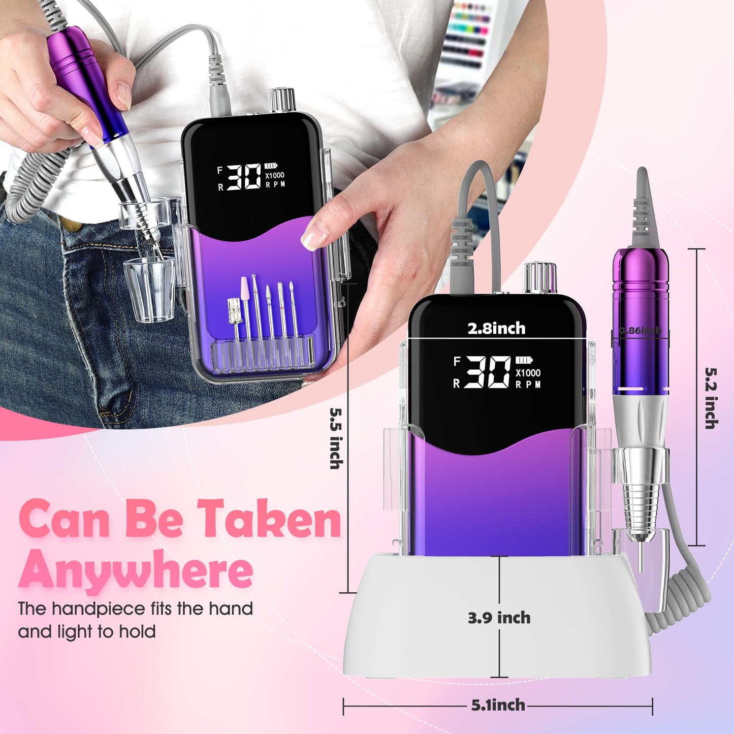 CIVPOWER Nail Drill Professional: 35000RPM Electric Nail File - Portable Rechargeable LED Display Nail Tool Kit- Manicure Pedicure Salon Home DIY (Blue Purple)