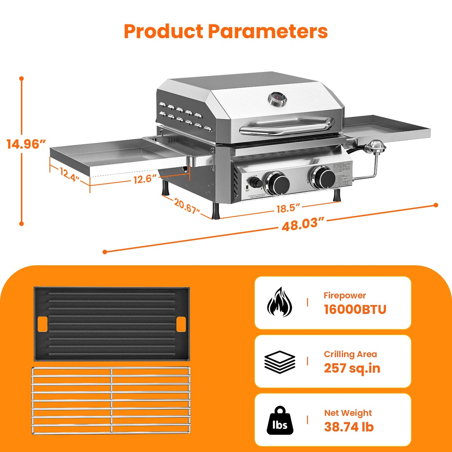 Cowsar Premium Dual-Burner Tabletop Gas Grill | 16,000 BTU Portable Propane Grill with 304 Stainless Steel & Dual Side Shelves – Compact Outdoor BBQ for Patio, Camping, and Backyard Grilling