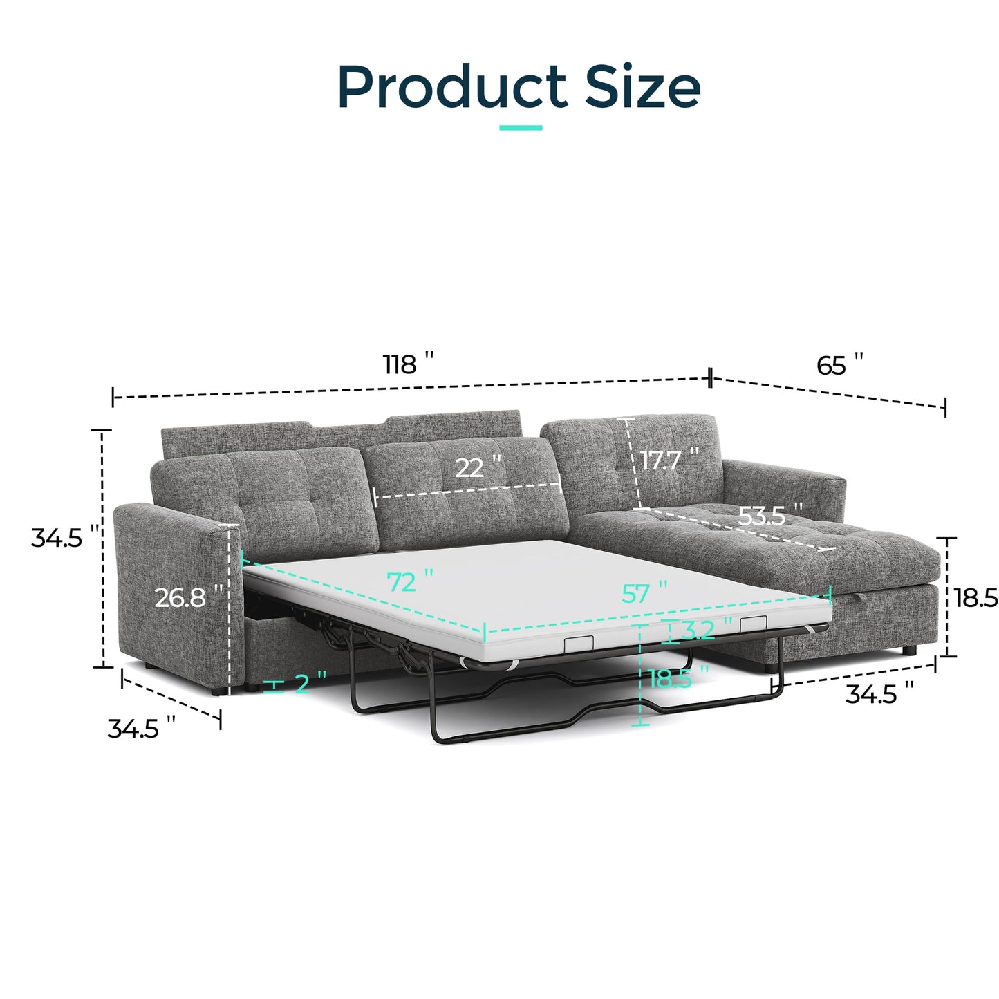 LINSY Oversized Sectional Sleeper Sofa 118" Pull Out Couch with Storage Chaise, Convertible Sofa Bed with Memory Foam Topper, Comfy L Shaped Couches for Living Room Apartment Dorm Room, Grey