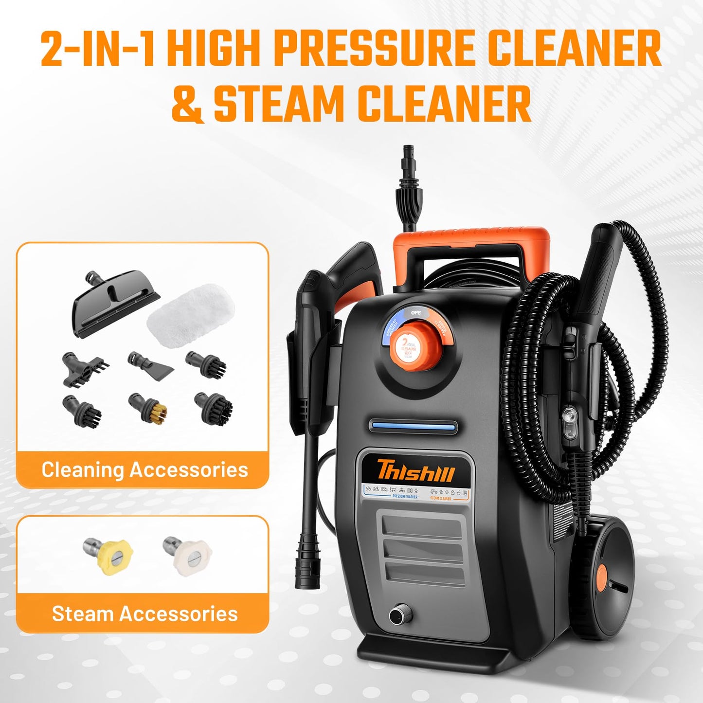 This Hill 2 in 1 Pressure Washer & Steam Cleaner, 2GPM 3000PSI with High Pressure Cleaner, 1500W High-Pressure Steamer for Cleaning, Suitable for Home, Tile, Carpet, Furniture & Personal Car Detailing