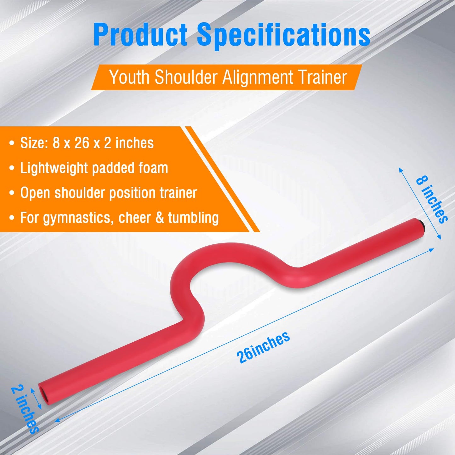 Gymnastics Open Shoulder Trainer for Kids & Teens, Open Shoulder Trainer Model OST-826, 8 x 26 x 2 in Padded Shoulder Alignment Training Aid for Tumbling, Cheerleading, Handstands & Bar Skills,Red