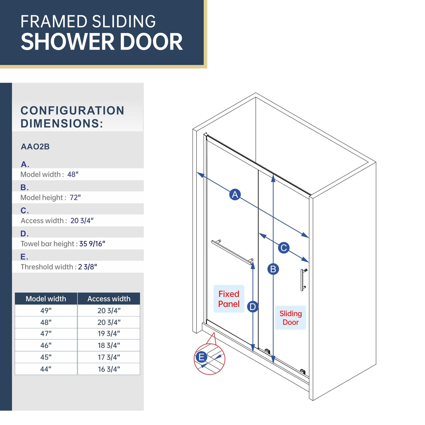 FELYL Black Grid Sliding Shower Door 43-48" W x 72" H, Matte Black, Single Sliding Door, Framed, 1/4" (6mm) SGCC Tempered Glass, Reversible Installation