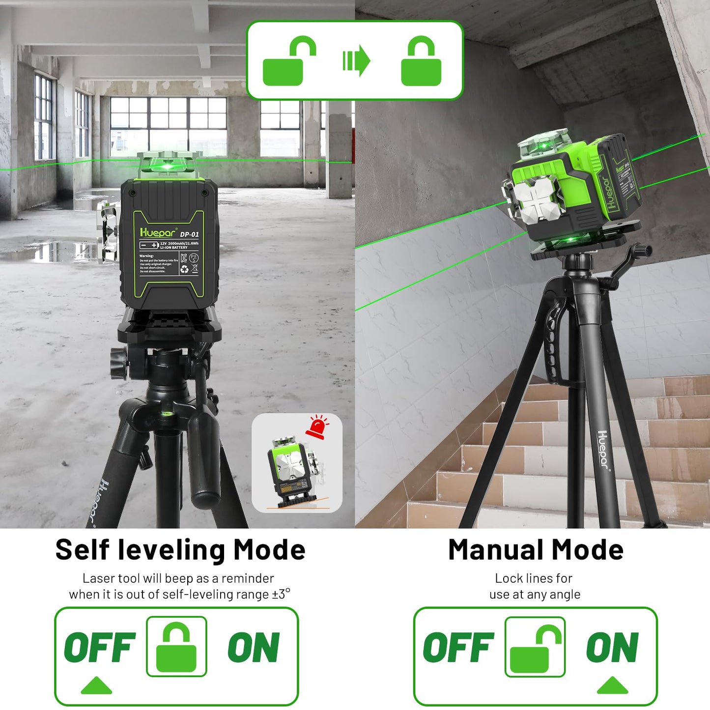 Outdoor Laser Level 360 Self leveling with Laser Level Receiver, 4x360 Green Cross Line Laser with Bluetooth, Huepar P04CG&LR-8RG, Laser Class: Class II (IEC/EN60825-1/2014), 1mW power output