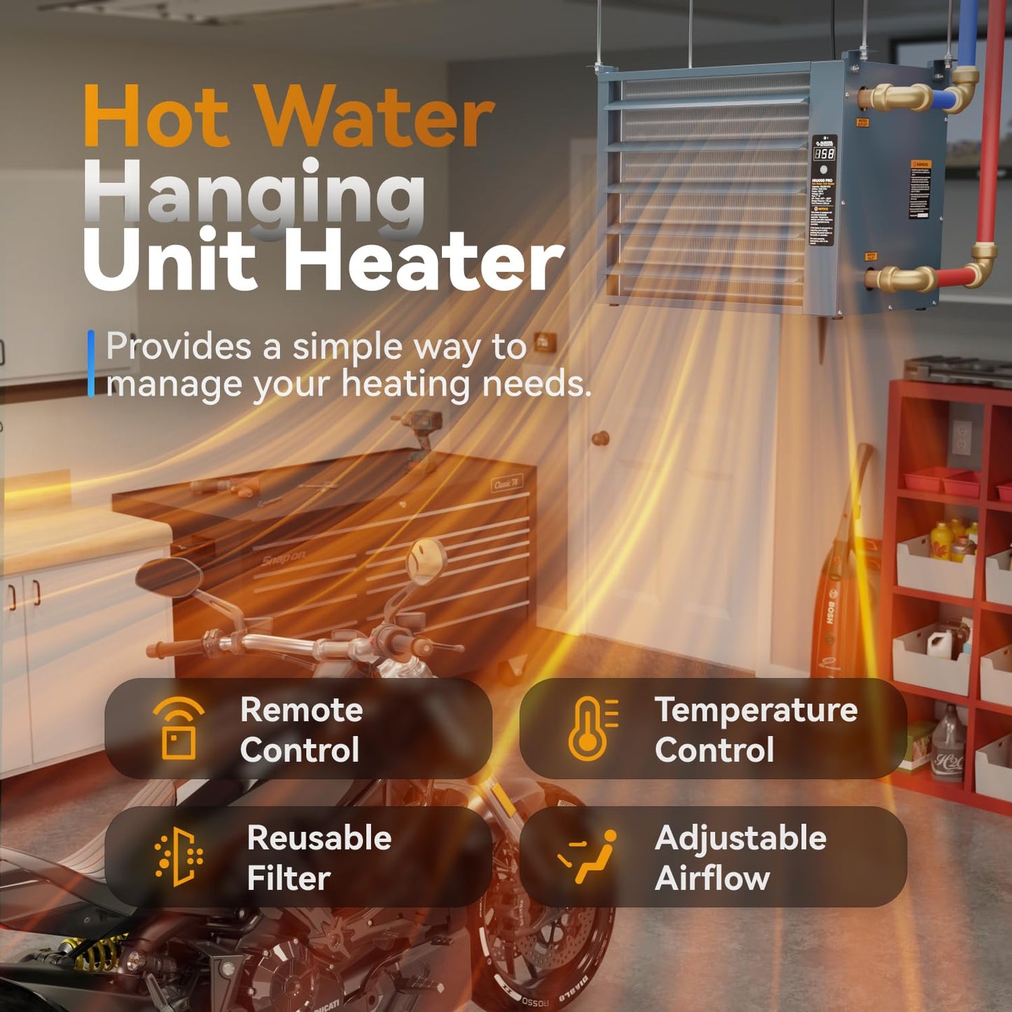 ALECOIL Hydronic Hot Water Hanging Unit Heater with Remote Temperature Control 100,000 BTU Water to Air Heat Exchanger with Fan for Outdoor Wood Furnaces and Garage Heating, HHA100-Pro, Blue