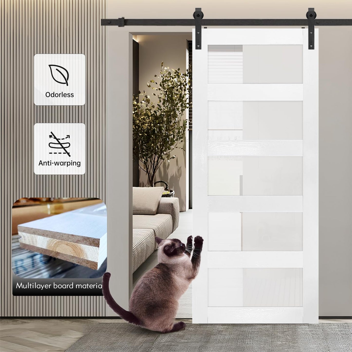 S&Z TOPHAND 36in x 84in Glass Sliding MDF Barn Door with 6.6FT Sliding Door Hardware Kit, 5 Tempered Frosted Glass, Slab Inside Covered with Water-Proof PVC Surface, Simple DIY Assembly