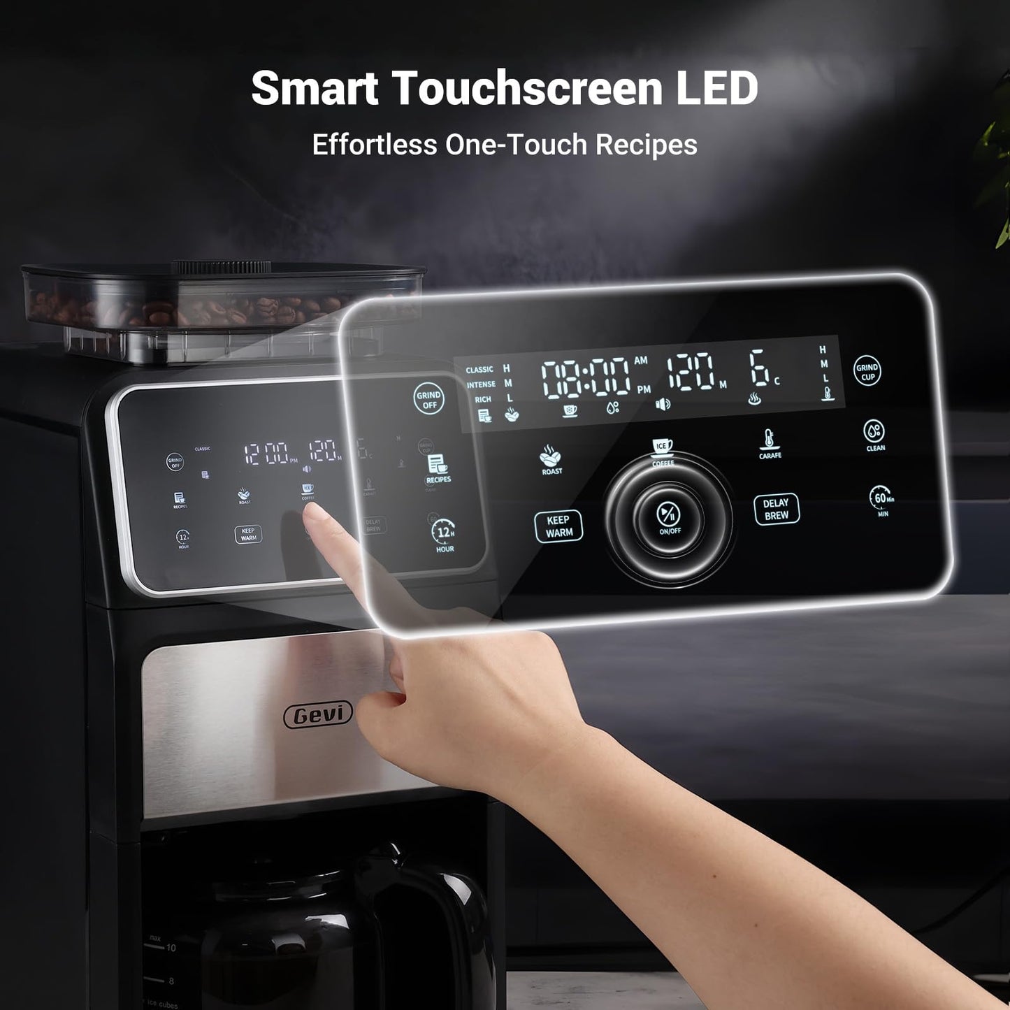 Gevi 10 Cup Drip Coffee Maker with Built-in Grinder, Grind ๏ผ Brew Burr Combo Coffee Machine with Touch Screen, Programmable, 4-Hour Warm Plate, Permanent Filter, Coffee Carafe