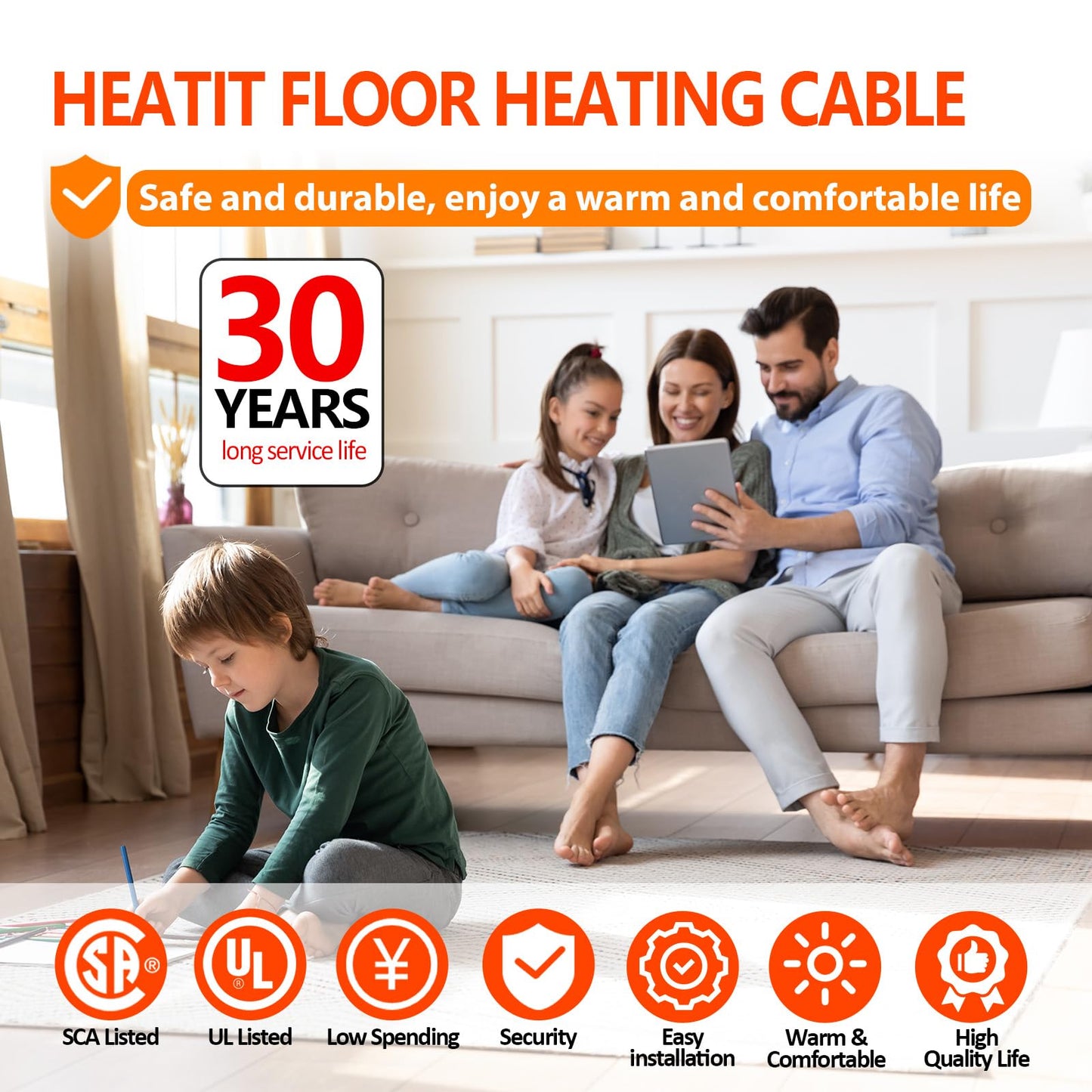 Electric Floor Heating Cable Underfloor Heating System Indoor Heated Floor Wire & ET-7AW Thermostat & Alarm Monitor 120V, 15 sq.ft.
