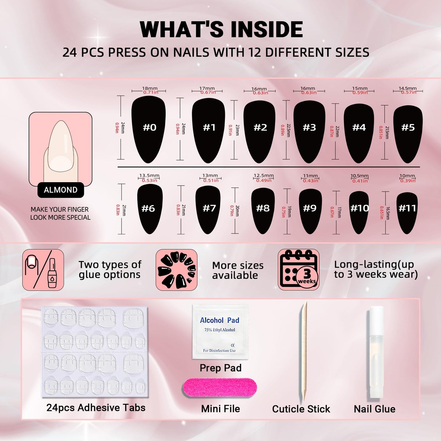 Wooyas Press on Nails Almond, Purple Metallic Mirror Finish Handmade Nails Reflective Mirror, Medium Aurora Nails Full Cover by Professional Manicurist, 24 Pcs Soft Gel Glue On Nails Kit