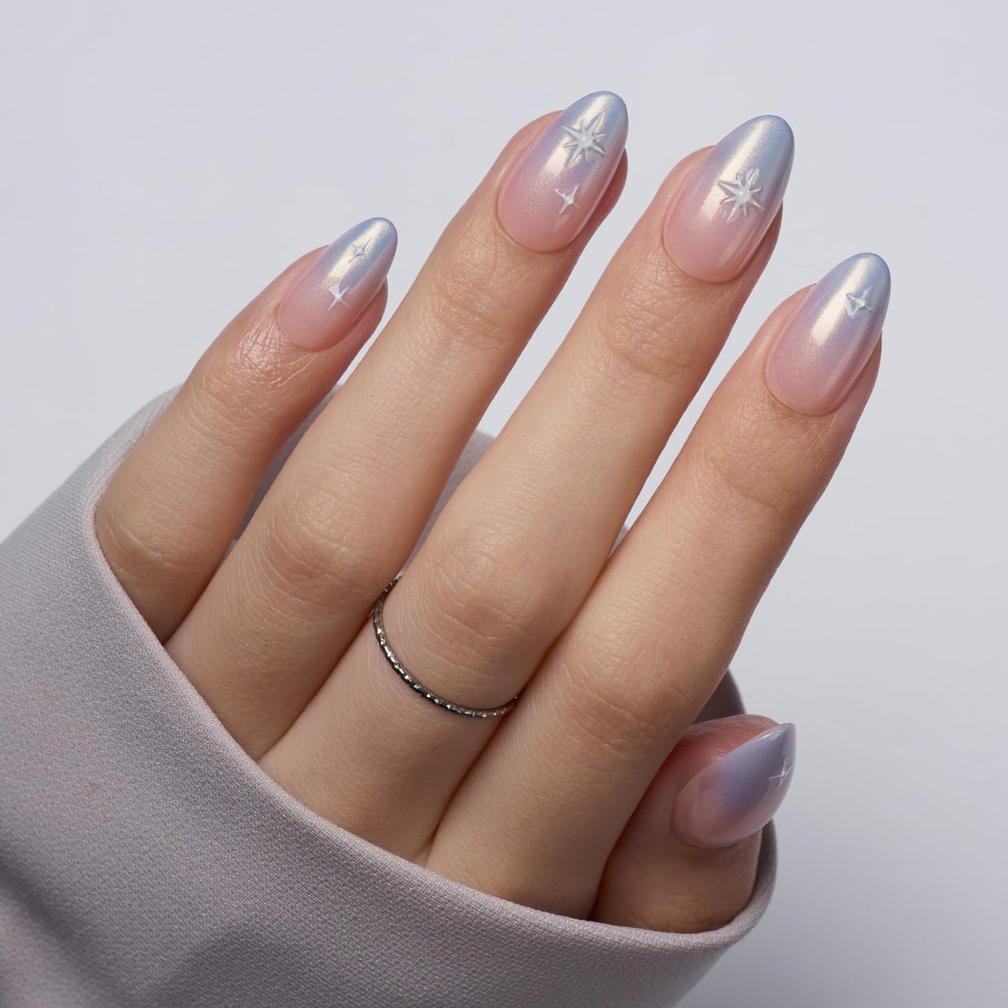 VSALON Press-On Nails Short Almond, 42 PCS Chrome Ombre 3D Star Fake Nails, 32 Main Nails in 16 Sizes & 10 Alternative Nails, Gel Reusable Glue On Nail Set with Full Tool Kit
