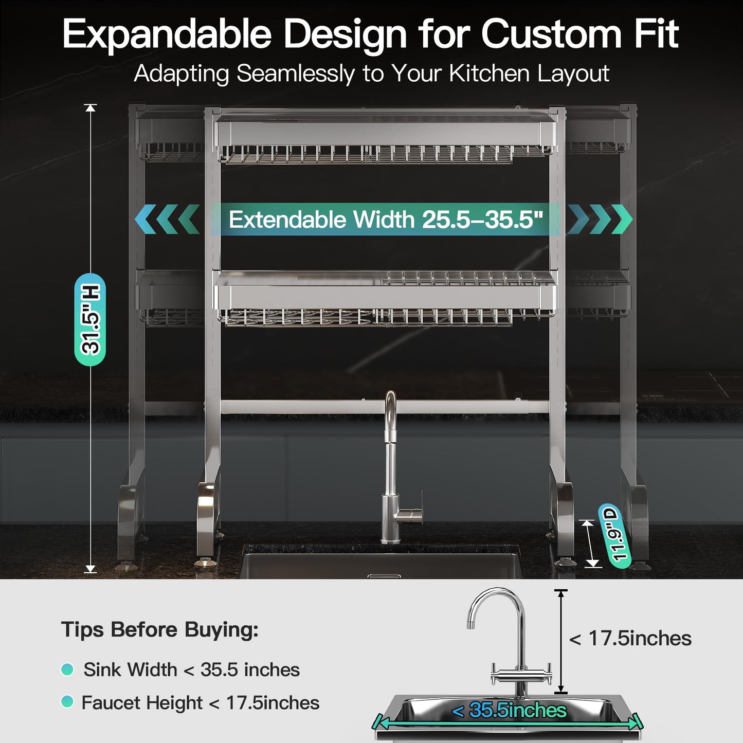 3 Tier Extra Large Stainless Steel Expandable Over The Sink Dish Drainer Drying Rack, Rust Proof Metal, Space Saving, Modern Silver Big Capacity Extendable Plate Strainers Above Kitchen Counter