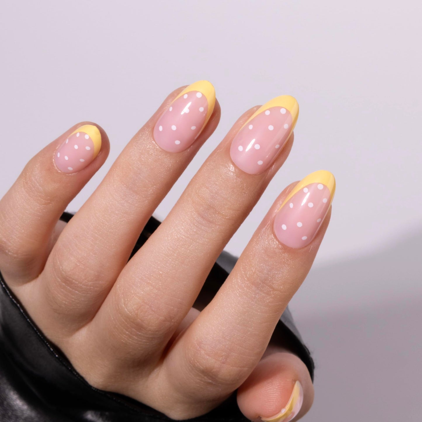 PILOLO Press On Nails Polka Dot Fake Nail Tips Adhesive Reusable Full Cover Acrylic False Nails Long Almond Stick On Manicure Set for Women Girls Gift (Sunny Dots)