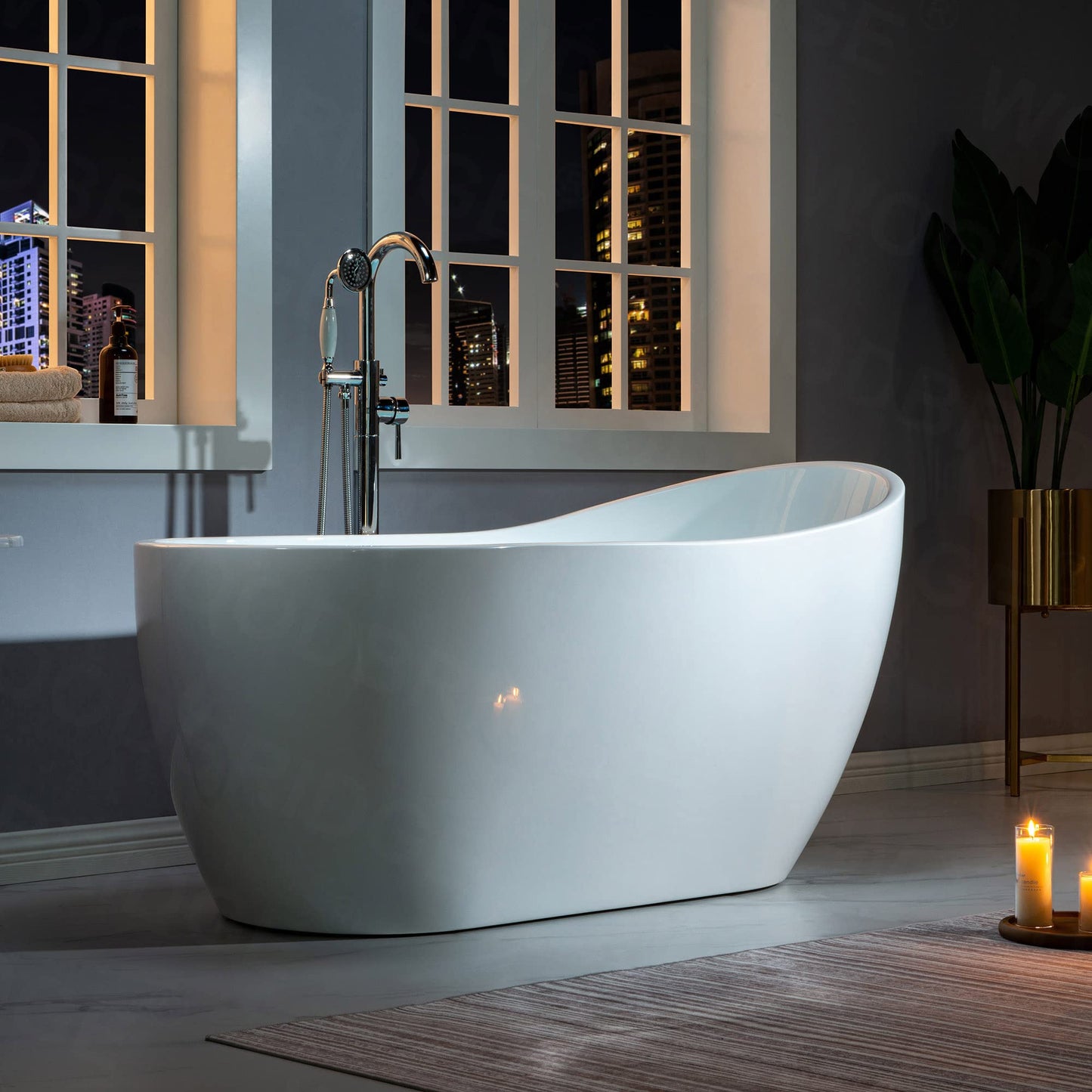 WOODBRIDGE 59" Acrylic Freestanding Bathtub Contemporary Soaking White Tub with Matte Black Overflow and Drain,B1530-MB-Drain&O