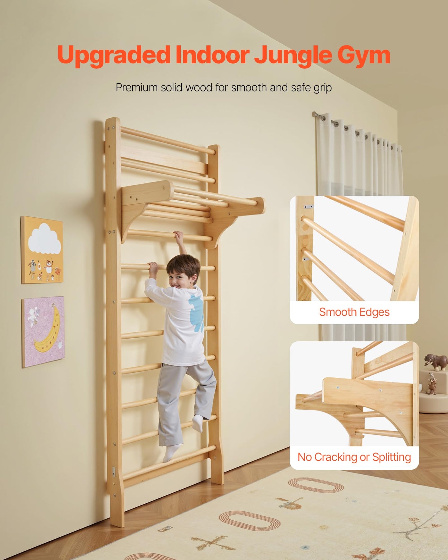 VEVOR Swedish Ladder Wall Gym, 10-Level Solid Wood Indoor Jungle Gym, 220lbs Loading Indoor Playground Climbing Ladder for Kid Adults, Gymnastic Stall Bars with Pull-Up Bar - Ideal Gift for Boys Girls