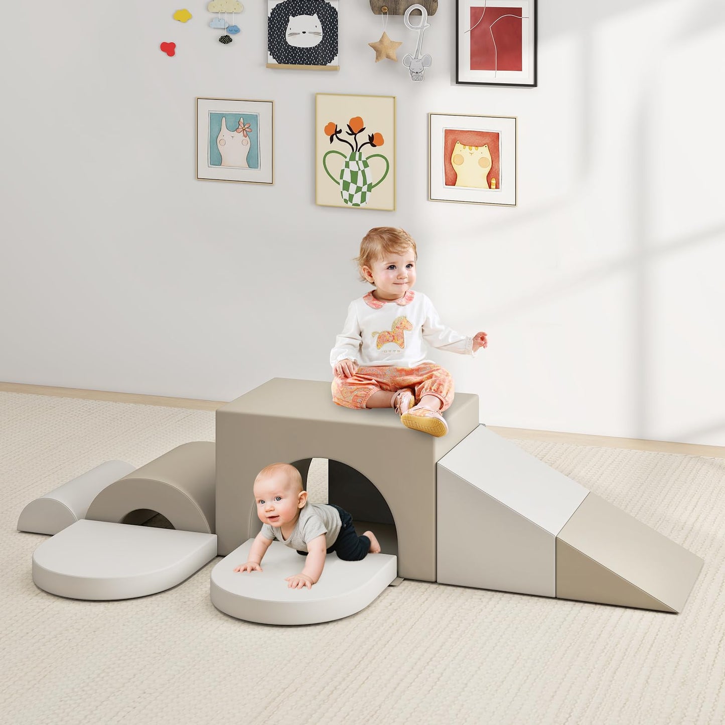 Olakids Toddler Climbing Toys Indoor, 8 Pieces Baby Foam Blocks Soft Play Set with PU Leather, Kids Climb Crawling Activity Gym Playground for 1+ Years (Gray)