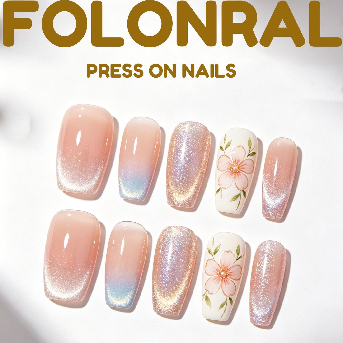 Coffin Press Ons Medium Fake Nails - Gold Line Designs, Light Blue Smudge Nails, Press Ons with White Glue, Glossy Full Cover Artificial Stick On Nails - 24PCs