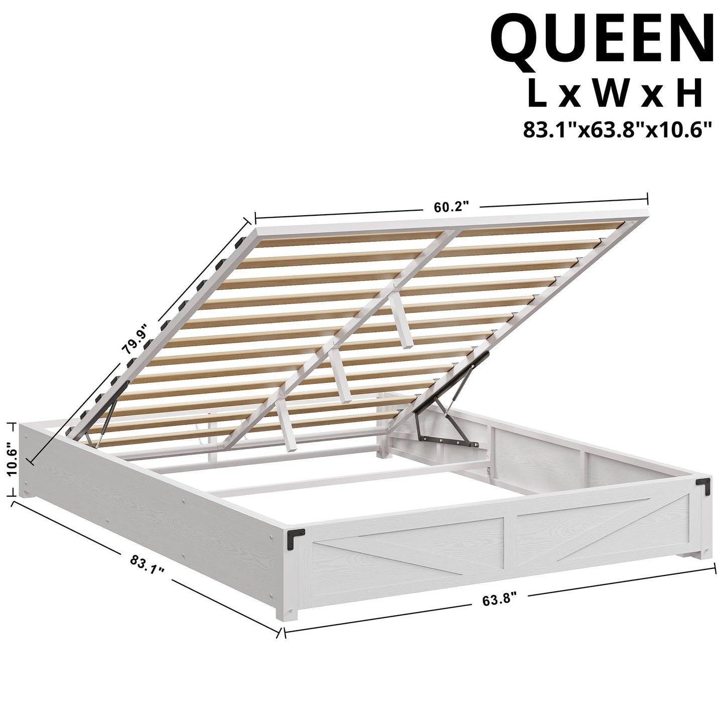 LIKIMIO Platform Queen Size Bed Frame, Farmhouse Bed Frames with Lift Up Storage, Wooden Slats, Sturdy and No Noise, Easy Assembly, White