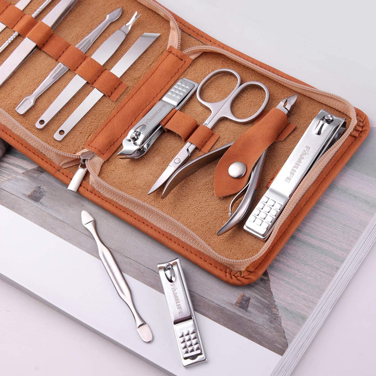 FAMILIFE F03 Manicure Set, Pedicure Kit Nail Clipper Set 13pcs Professional Men Grooming Kit and 11 in 1 Stainless Steel Mens Manicure Kit Leather Pedicure Tools Kit Grooming Kit with Travel Case Box