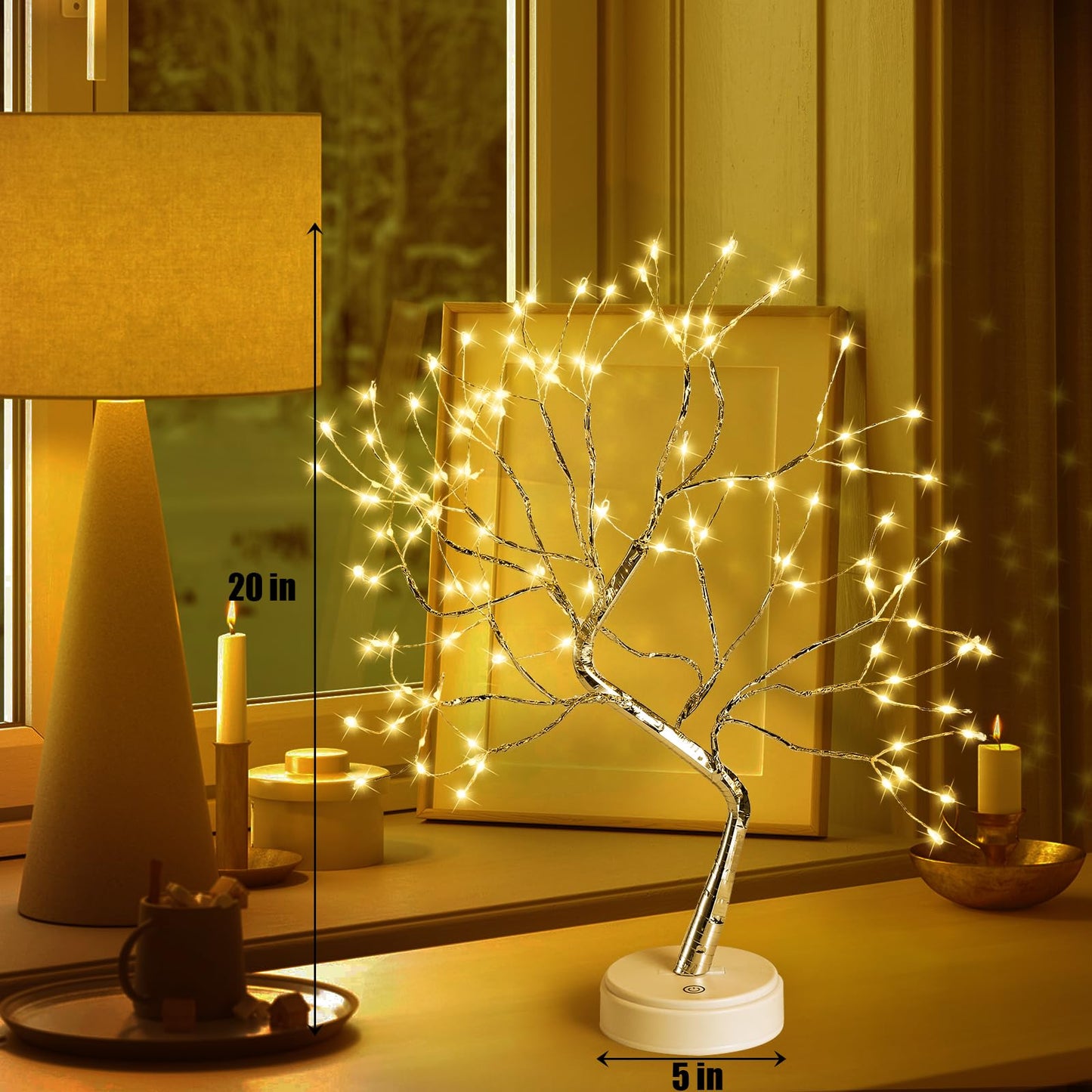 Hbaushun 20" Tabletop Bonsai Tree Light, 108 LED Fairy Light Spirit Tree, Battery/USB Operated, Touch Sensor Switches, DIY Artificial Tree Lamp for Bedroom Desktop Christmas Room Decor (Warm White)