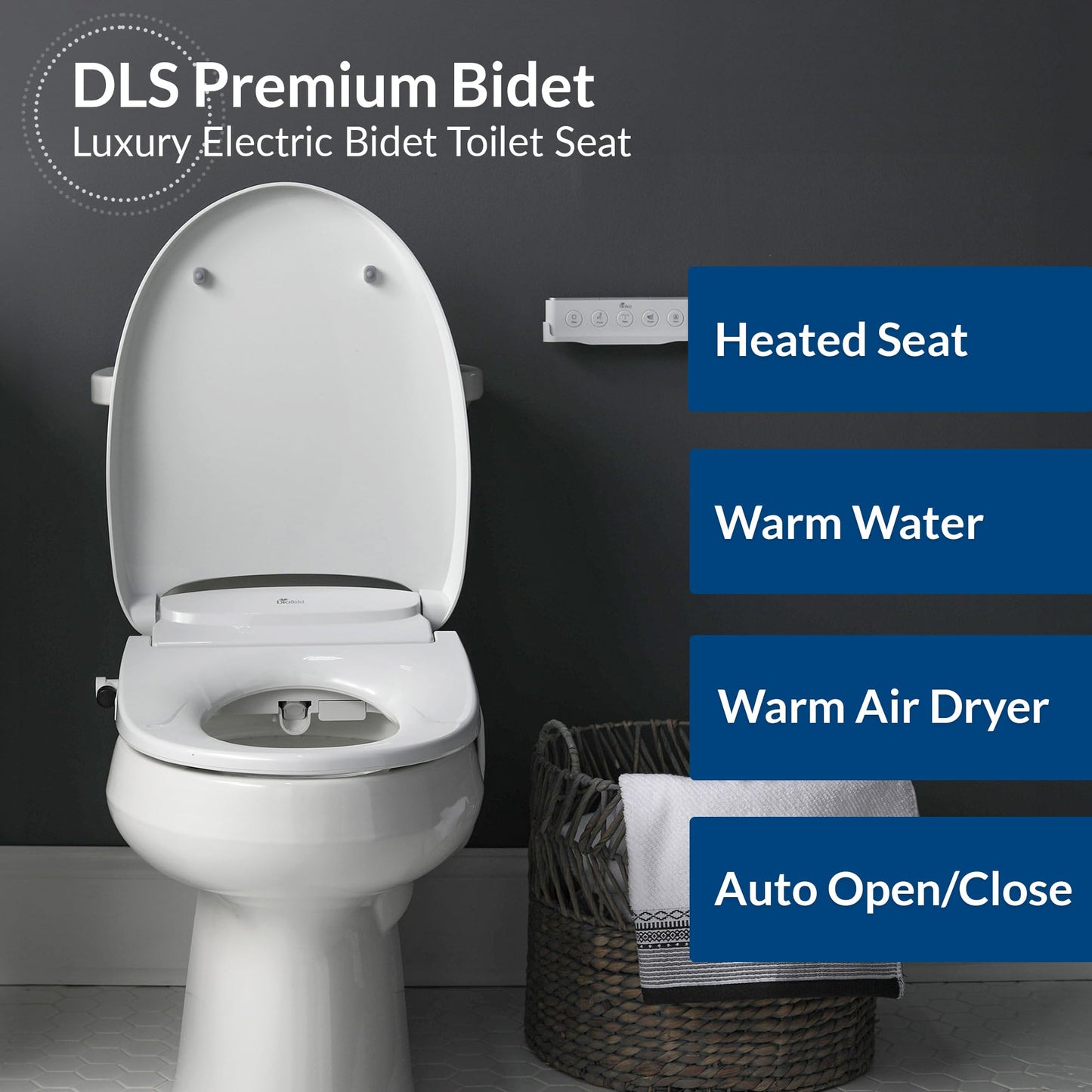 Bio Bidet DLS Premium Heated Bidet Seat, Warm Water & Air Dryer, Auto Open and Slow Close Lid, Elongated