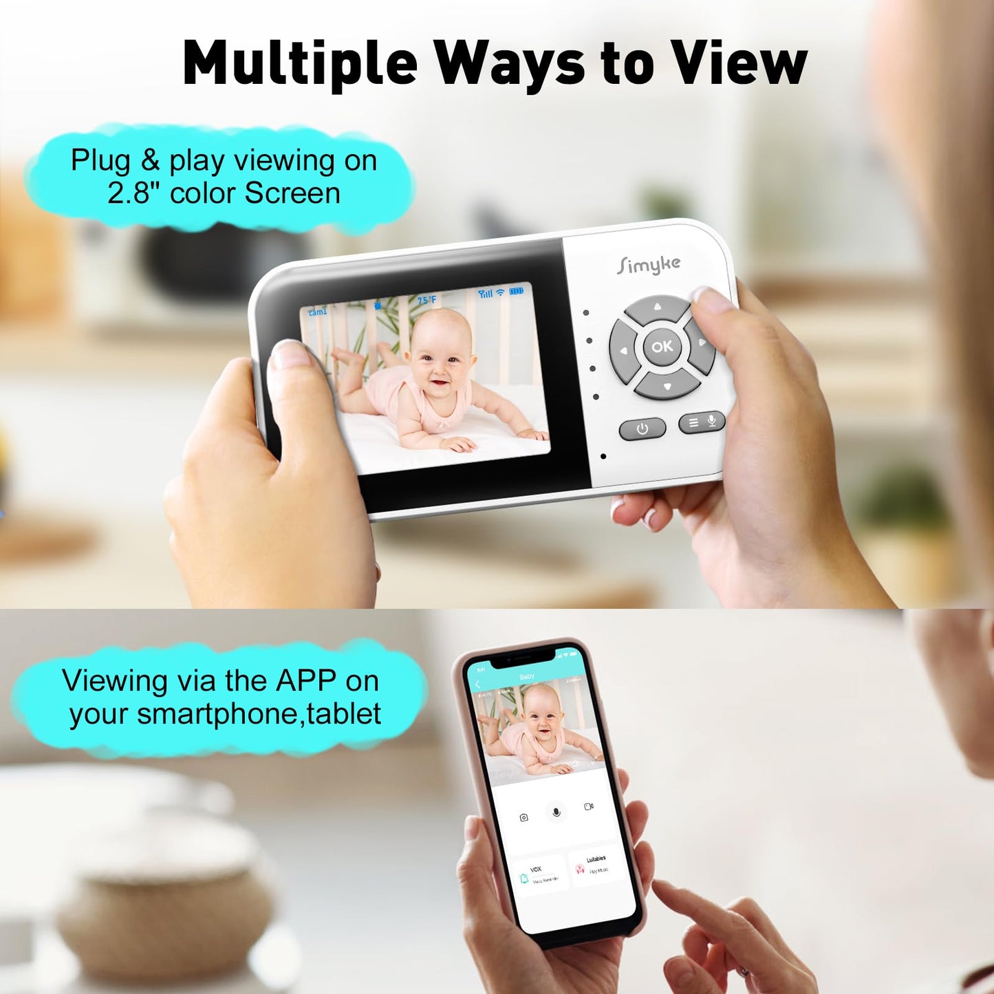Simyke Upgrade Video Baby Monitor,WiFi Baby Camera,2.8" Display and App Control,1200ft Long Range,2 Way Talk,Auto Night Vision,Sound Alert,VOX,Temperature Sensor 5 Lullabies Feeding Remind,Home Use