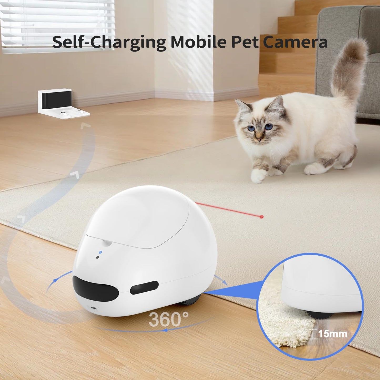 pumpkii Cat Camera with Interactive Pointer Toy, Moving Robot for Dog and Cat, Mobile Pet Camera Treat Dispenser with Phone App, Auto Recharging and Night Vision, Two-Way Audio (2.4G Wi-Fi Only)