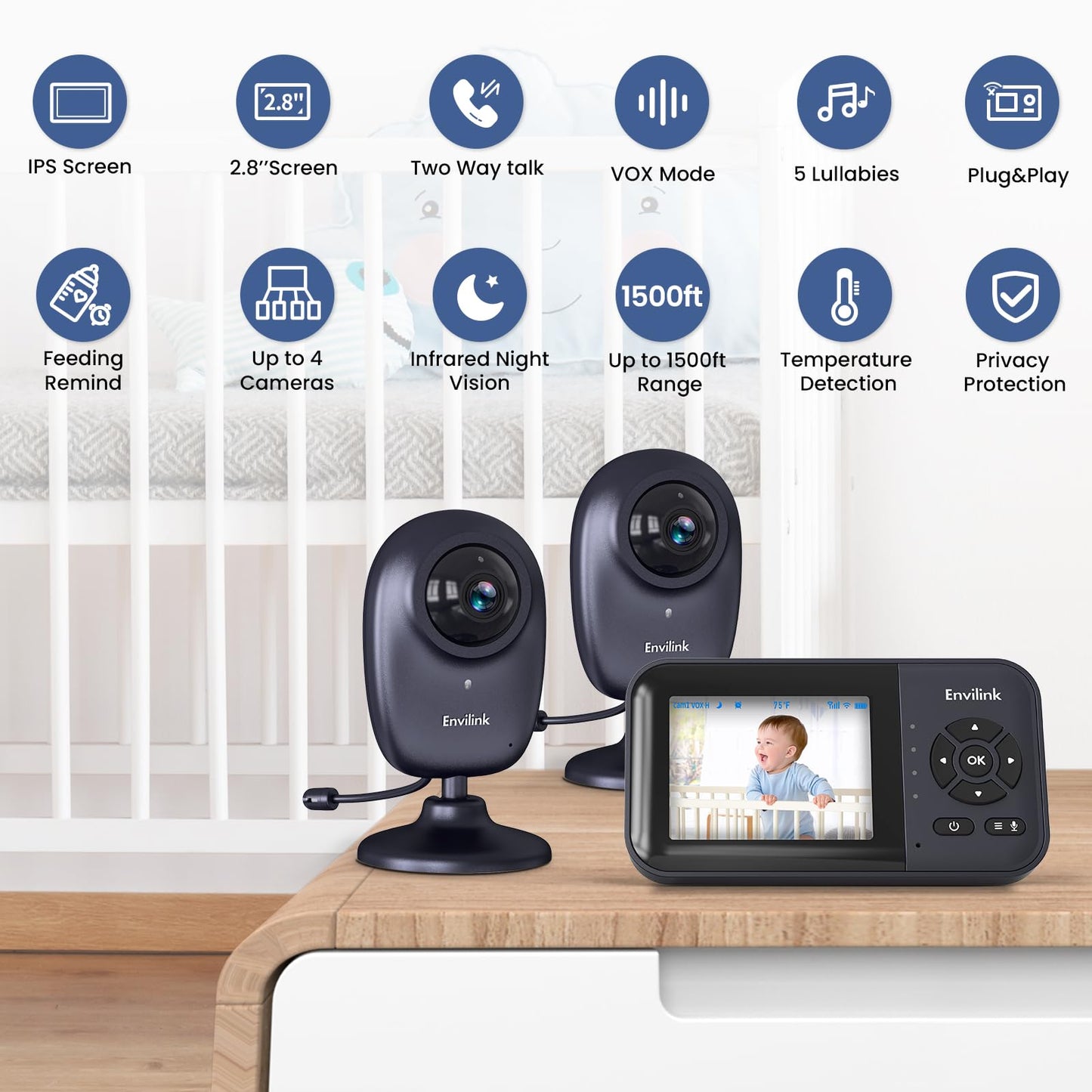Envilink Smart Baby Monitor, 2.8in LCD, Night Vision, VOX, 2-Way Talk, 5 Lullabies 1500ft WiFi VideoBaby Monitor