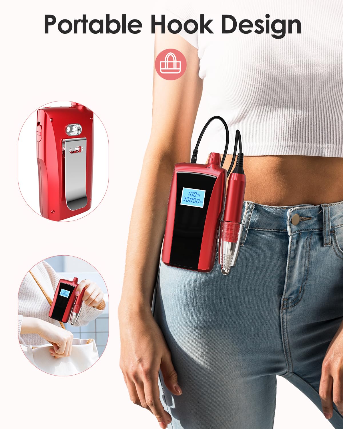 Beloving Portable Nail Drill Machine,30000RPM Rechargeable Electric Nail File Professional with Speed Display,Sanding Bands and Bits,Efile for Acrylic Dip Gel Nails Manicure Pedicure Home Salon Use