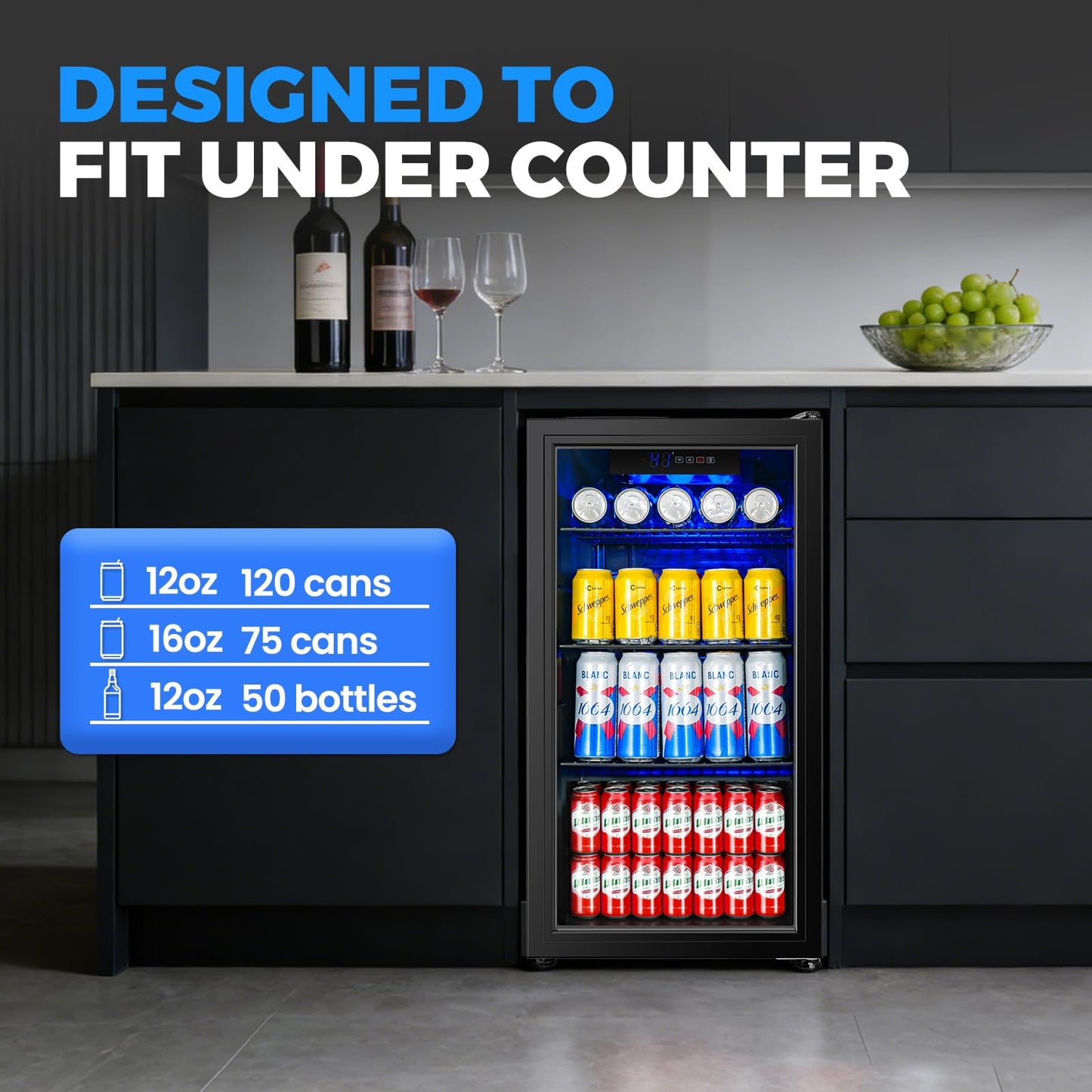 BINGERMA Under Counter Beverage Refrigerator 4.0 Cu.Ft, Glass Door Drink Fridge with Blue LED Light and Adjustable Temperature for Soda, Beer and Cans, Compact Mini Bar for Kitchen and Office