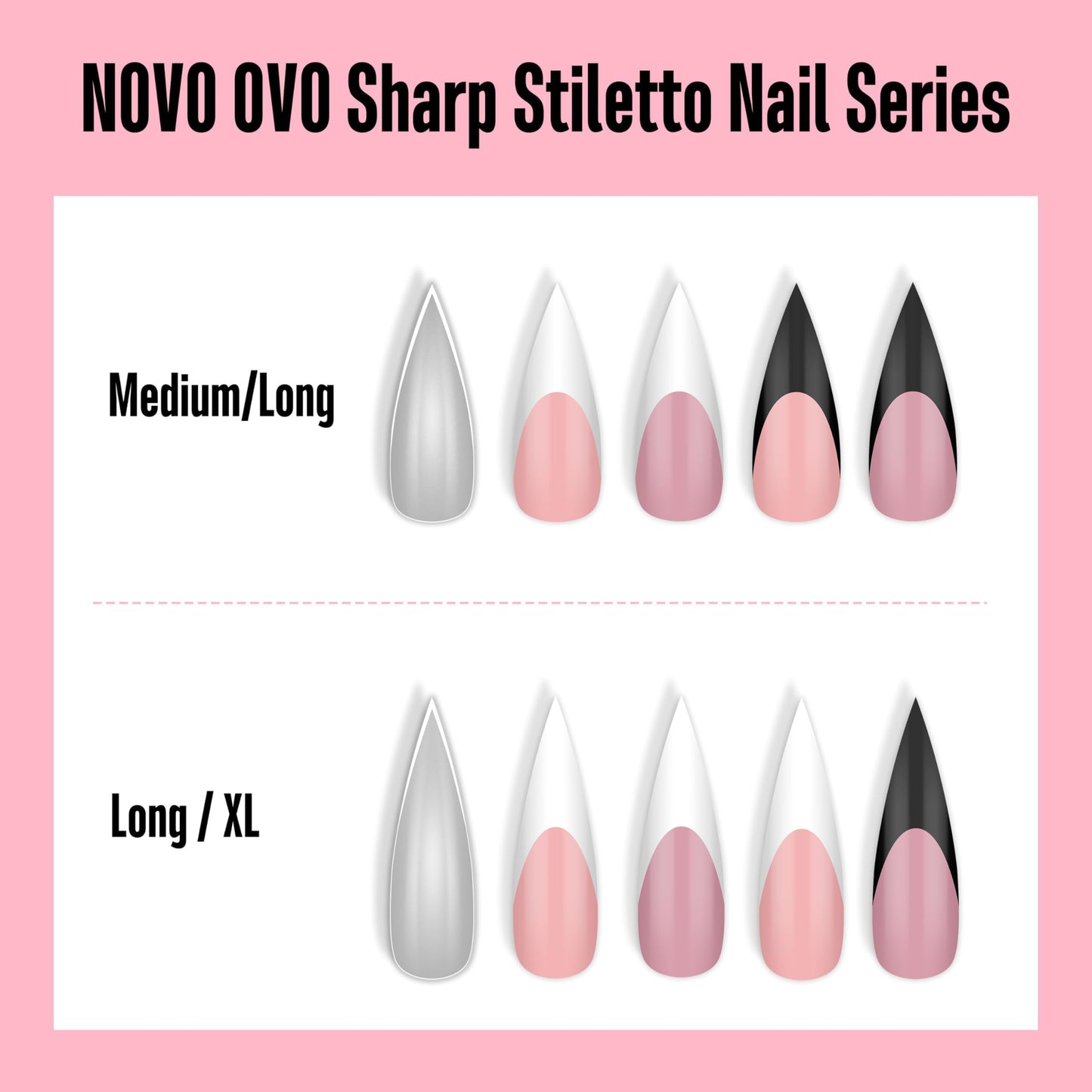 NOVO OVO White French Tip Long XL Sharp Stiletto Nail Tips Press on BABY PINK, Soft Gel Double Matte Fake Nail Extension, Full Cover False Nails for Acrylic DIY x 16 Sizes 160 pcs